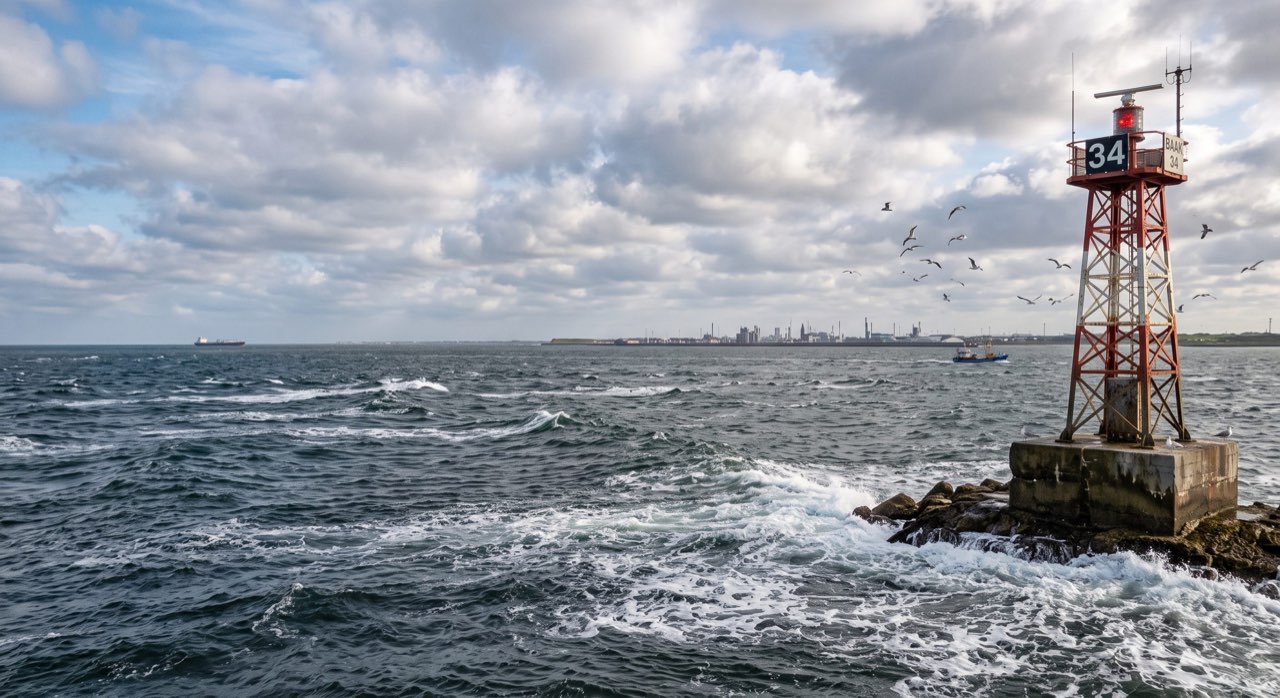 A steel beacon tower marked Baak 34 on a concrete base at the edge of the North Sea, with a port skyline on the horizon.